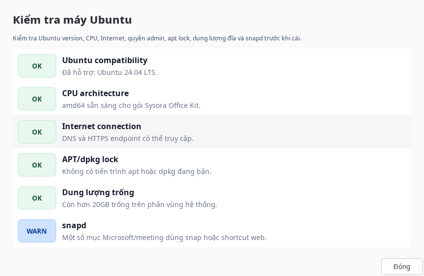 Sysora Ubuntu Office Kit system check screen